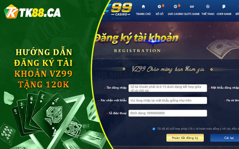 Hướng dẫn đăng ký tài khoản vz99 tặng 120k